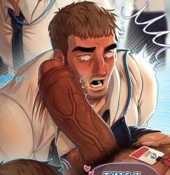 2boys bara beard_stubble blubullaye brown_hair collared_shirt commentary constricted_pupils cropped english_commentary facial_hair foreskin gay gay_male girthy_penis highres huge_cock lower_teeth_only male_focus male_pubic_hair mismatched_eyebrows multiple_boys open_mouth original penis penis_on_face penis_out pubic_hair shirt short_hair stubble surprised teeth testicles veins veiny_penis yaoi