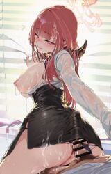 1boy 1girls absurdres aru_(blue_archive) ass bar_censor black_pubic_hair black_skirt blue_archive breasts brown_horns buttjob buttjob_under_clothes censored commentary_request cum cum_on_body cum_on_breasts cum_on_clothes female gehenna_academy_student halo heart heart-shaped_pupils highres horns kurotsuki_machi large_breasts light-skinned_female light-skinned_male light_skin long_hair long_sleeves male_pubic_hair nipples pencil_skirt penis penis_under_another's_clothes pink_eyes pink_halo problem_solver_68_(blue_archive) pubic_hair red_hair shirt skirt skirtjob smile solo_focus symbol-shaped_pupils white_shirt