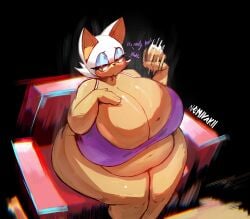 1girls anthro ass bat bat_girl bbw belly belly_overhang big_belly big_breasts blue_eyeshadow blush blushing bottomless bottomless_female bra breasts cleavage couch english_text eyelashes fanning_self fat fat_female female female_focus female_only furry green_eyes half-closed_eyes hand_on_breast hips hot hyper hyper_breasts large_ass large_breasts mascara midriff mobian_(species) muffin_top navel nemiyakii obese obese_female overweight overweight_female rouge_the_bat sega sofa sofa_chair sonic_(series) sonic_the_hedgehog_(series) stomach text thick_thighs thighs weight_gain white_hair wide_hips