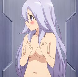 1girls blush covered_breasts covered_nipples female gakusen_toshi_asterisk long_hair medium_breasts navel nude nude_female purple_eyes purple_hair solo solo_female toudou_kirin