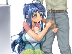 1boy :> ahoge belt blue_eyes blue_hair blush breasts camisole cardigan censored cleavage closed_mouth collarbone erection female fuyuka_(itazura_sensou) game_cg green_skirt hair_between_eyes handjob huge_breasts itazura_sensou_~chiisana_ritou_no_monogatari~ kounotori_(501465) long_hair long_sleeves lower_body mosaic_censoring non-web_source pants penis_out raised_inner_eyebrows see-through_clothes shawl shirt sidelocks simple_background sitting skirt standing thick_eyebrows toilet transparent_background urinal variant_set very_long_hair