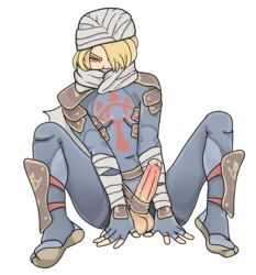 1boy bandages big_penis blonde_hair breasts covered_mouth erection headwear hidden_mouth male_only mask ninja nintendo ocarina_of_time penis plaguetyranno red_eyes rule_63 scarf scarf_over_mouth sheik sheikah sheikah_clothes skin_tight super_smash_bros. testicles the_legend_of_zelda transparent_background