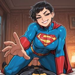 1boy abs ai_generated batman batman_(bruce_wayne) batman_(series) belt black_hair blue_bodysuit blush bodysuit breasts cape clothed_sex clothing covered_abs covered_navel cowgirl_position crotch_cutout dc dc_comics dceu erection female grey_bodysuit grin indoors large_breasts looking_at_viewer lying male muscular muscular_female on_top penis pov_crotch pussy reaching reaching_towards_viewer red_bodysuit red_cape sex short_hair skin_tight smile solo_focus spread_legs straddling straight supergirl supergirl_(sasha_calle) superhero teeth the_flash_(2023) torn_bodysuit torn_clothes vaginal_penetration veins veiny_penis