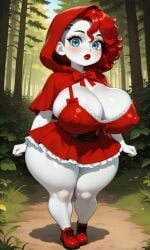 1female 1girls ai_generated big_breasts blue_eyes blush breasts breasts_bigger_than_head bushes buzz_cut cleavage cosplay curly_hair erect_nipples eyelashes female female_focus female_only forest freckles freckles_on_face hips hips_wider_than_shoulders hood hood_up huge_breasts lipstick little_red_riding_hood_(cosplay) looking_at_viewer miniskirt nipple_bulge nipples outdoors outside pixai poppy_(poppy_playtime) poppy_playtime poppy_playtime_(chapter_5) red_hair red_hood red_lipstick red_shoes shadow shoes short_hair shortstack solo solo_female solo_focus thick_thighs thighs trees undercut urikoito white_skin wide_hips