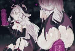 animal_ears ass black_gloves black_horns black_leotard blue_archive bow bowtie breasts crotchless crotchless_leotard detached_collar dildo elbow_gloves fake_animal_ears female female_masturbation female_penetrated gloves highres hina_(blue_archive) holding holding_tray horns leotard long_hair lost-phews masturbation multiple_horns multiple_views nipples object_insertion purple_eyes rabbit_ears red_bow red_bowtie sex_toy small_breasts sweat tray vaginal vaginal_penetration vaginal_sex white_hair