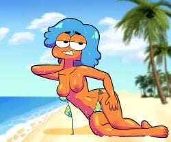 1girls 2026 4_fingers 4_toes after_swimming anime_background background_character beach beach_background bean_eyebrows big_eyes bikini bikini_aside bikini_bottom bikini_top biting_lip blue_hair blue_sky blush breasts cartoon_network cartoony cel_shading cloud clouds crossed_legs curvy curvy_body curvy_female detailed_background exhibitionism female female_only flight_attendant_(the_amazing_world_of_gumball) fluffy_hair frown frowning frowning_at_viewer hand_behind_head hand_on_leg humanoid itamigao laying_on_side long_neck looking_at_viewer medium_breasts multiple_images navel nipples no_nose non-human orange_body orange_skin outdoors palm_tree palm_trees pinup pose posing posing_for_the_viewer sand seaside seductive seductive_look seductive_pose seductive_smile self_upload shiny_breasts shiny_skin signature sky solo solo_female solo_focus stomach swimwear the_amazing_world_of_gumball thick_ass thick_thighs toony water_droplets wet wet_body wet_skin wide_hips