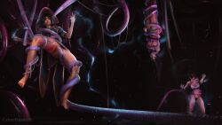 anran aroused_smile barefoot black_toenails constrained constriction feet half-dressed hanging_from_ceiling hanging_upside_down held_up kiriko_(overwatch) nude overwatch slime tentacle tentacle_in_mouth tentacle_penetration tentacle_sex tied_up tracer underwear wrapped