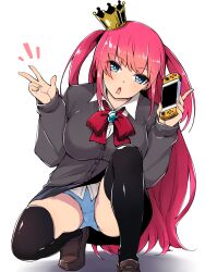 black_skirt black_thighhighs blue_eyes blue_panties blue_underwear breasts brown_shoes cardigan crown eyes_visible_through_hair female female_focus fingernails game_console gem grey_cardigan handheld_game_console holding indie_virtual_youtuber large_breasts loafers long_sleeves looking_at_viewer mini_crown miniskirt open_mouth panties pantyshot pantyshot_(squatting) pink_hair shadow shirt shoes simple_background skirt solo squatting teeth thighhighs tiptoes two_side_up tyrol_lynx underwear underwear_showing upskirt very_long_hair virtual_youtuber white_background white_shirt youhei_64d zettai_ryouiki