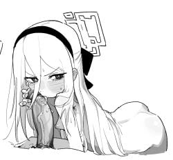 1boy asahina_yoshitoshi blue_archive blush breasts commentary_request erection fellatio female greyscale hair_ornament hairclip halo kei_(blue_archive) kei_(new_body)_(blue_archive) licking licking_penis long_hair looking_at_viewer monochrome nipples oral penis rectangular_halo saliva_on_penis simple_background small_breasts solo_focus straight tongue tongue_out uncensored very_long_hair white_background