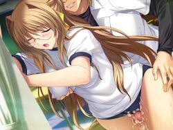 1boy blush breasts brown_hair buruma censored choukou_(alicesoft) choukou_tenshi_escalayer classroom closed_eyes covered_nipples cum cum_on_body cum_on_clothes cum_on_legs female game_cg glasses grabbing_another's_breast grabbing_from_behind grin groping gym_uniform hair_intakes hair_ribbon kouenji_sayuka large_breasts large_variant_set long_hair mosaic_censoring non-web_source official_art onigirikun open_mouth parted_lips penis ribbon self-datamine smile solo_focus straight sweat thigh_sex variant_set