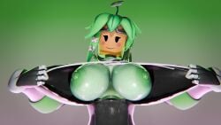 barondraws blaster_master blaster_master_zero_2 blender bodysuit down_angle erect_nipples flashing flashing_breasts glossy glossy_body kanna_(blaster_master) sweat