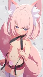 absurdres animal_ears bare_shoulders belt black_belt black_panties blue_eyes blush breasts commentary_request egg_vibrator female fox_ears fox_girl fox_tail grey_background halterneck heart heart-shaped_pupils highleg highleg_panties highres holding long_hair looking_at_viewer navel object_insertion open_fly open_mouth original panties pink_hair pubic_tattoo pussy_juice red_shorts revealing_clothes sex_toy shiro9jira short_shorts shorts simple_background small_breasts smile solo symbol-shaped_pupils tail tattoo thighhighs underwear vaginal_object_insertion vaginal_penetration vibrator vibrator_cord vibrator_under_clothes white_thighhighs