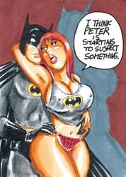 1boy 1boy1girl 1girls adult_and_teenager age_difference batman batman_(series) breasts cheating cheating_girlfriend cheating_wife crossover cuckold dc dc_comics fangirl ginger girlfriend hourglass_figure joe_gravel large_breasts lipstick marvel marvel_comics mary_jane_watson nipples older_male older_man_and_teenage_girl panties red_hair redhead spider-man_(series) superhero tank_top teenage_girl teenager text text_box thick_thighs wife