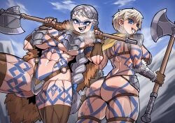 2girls arm_tattoo ass ass_tattoo axe back_tattoo barbarian bbtan blonde_hair braid breasts chest_tattoo facial_tattoo female_focus full-body_tattoo grey_hair holding holding_axe holding_weapon huge_breasts leg_tattoo long_hair looking_at_viewer looking_back multiple_girls muscular muscular_female open_mouth original partially_undressed short_hair smile stomach_tattoo tattoo warrior weapon