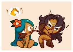 2girls accurate_art_style ass big_hands bite biting_tail blue_hair blue_nipples breasts brown_hair confused cookie_run cookie_run_kingdom embarrassed eyelashes fangs marble_cake_cookie_(soff_doll) nipples nude pubic_hair rear_view sitting soff_doll striped_body tagme tail tail_bite tail_markings tail_tuft thick_thighs tiger_lily_cookie