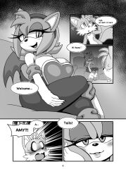 alternate_breast_size amy_rose amy_the_bat anthro big_ass big_breasts big_butt blush cleavage clothed clothing comic dialogue english_text female fur furry furry_only imminent_sex male michiyoshi rouge_the_bat_(cosplay) sex sonic_(series) tail tails text thick_thighs