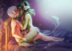 1boy androgynous au_ra bed completely_nude embracing facial_tattoo feet female femboy_on_female final_fantasy final_fantasy_xiv freckles french_kiss green_eyes green_hair green_skin high_resolution horns hyur kissing large_filesize looking_at_another male megane mole nude open_mouth penis ponytail red_eyes saliva scales shino_senkatsu silver_hair straight tail taiyo_akari tattoo tetisuka tied_hair trap very_high_resolution