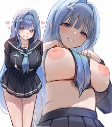 arcana_(fortune_mate)_(nikke) arcana_(nikke) big_breasts blue_eyes blue_hair breasts_out cute cute_face cute_smile long_hair looking_at_viewer school_uniform skirt smile