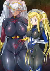 2girls black_bodysuit black_lilith blonde_hair blue_eyes bodysuit breasts bridal_veil cameltoe clothing dark_elf dark_skin elf elf_hime_nina erect_nipples erect_nipples_under_clothes female_only gauntlets hair_ornament hair_over_one_eye hand_on_own_stomach hand_on_waist huge_breasts large_breasts latex latex_suit long_hair looking_at_viewer medium_breasts miriya multiple_girls nina_asuraato_uinviria nipples pointy_ears purple_eyes see-through shiny shiny_clothes skin_tight smile standing tiara twintails white_hair zundarepon