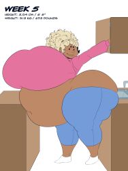 ass breasts donette_(elpiromanias) dumptruck_ass elpiromanias embarrassed fat_ass gaining_weight large_ass large_breasts obese obese_female oc original_character sequence stuck tight_clothing tight_fit weight_gain weights wide_hips