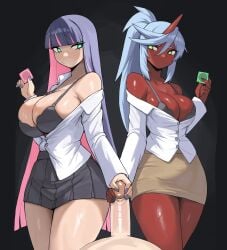 1boy 2girls absurdres aqua_eyes black_background black_bra black_nails black_skirt blue_hair blunt_bangs bra breasts brown_skirt cleavage clothed_female_nude_male colored_inner_hair colored_skin commentary condom condom_wrapper cooperative_handjob demon_girl donburi_(donburikazoku) english_commentary erection ffm_threesome green_eyes group_sex handjob highres holding holding_condom horns huge_breasts kneesocks_daemon large_breasts light-skinned_female light-skinned_male light_skin long_hair looking_at_another male_pov miniskirt multicolored_hair multiple_girls nude off_shoulder panty_&_stocking_with_garterbelt pencil_skirt pleated_skirt ponytail pov purple_hair purple_nails red-skinned_female red_skin shirt single_horn single_off_shoulder skirt sleeves_past_wrists standing stocking_anarchy strap_gap sweat teamwork_(sexual) thighs threesome uncensored underwear variant_set very_long_hair white_shirt
