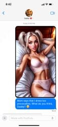 ai_generated bed bedroom bimbo bleached_blonde_hair blonde_female blonde_hair cswiz daughter english_text lace lace_panties langerie looking_at_viewer message message_feed midriff midriff_showing selfie_pose skinny skinny_female tagme teasing teasing_viewer text texting twintails underwear whatsapp
