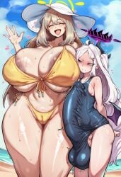 1futa 1futa1girl 2d 2girls ai_generated balls beach big_balls big_breasts big_cock big_penis blue_archive closed_eyes cock_bulge flat_chest futa_on_female futanari halo hat height_difference hina_(blue_archive) hina_(swimsuit)_(blue_archive) hips horns huge_balls huge_breasts huge_cock large_breasts light_brown_hair long_cock long_hair long_penis mochipawg nonomi_(blue_archive) nonomi_(swimsuit)_(blue_archive) penis purple_eyes size_difference smile standing thick_thighs thighs two_piece_swimsuit white_hair white_hat wide_hips wings yellow_bikini yellow_bra yellow_panties yellow_swimsuit