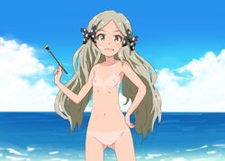 a_sterisk bikini_tan brush female flat_chested grey_hair hair_ribbon handa_roko idolmaster idolmaster_million_live! nude ribbon tan tanline twintails yellow_eyes