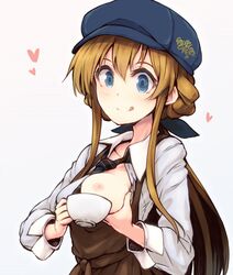 a_sterisk areolae beret blonde_hair blue_eyes blush breast_hold breasts breasts_out cafe_maid coffee coffee_cup coffee_mug cup disposable_cup female grabbing hat iced_latte_with_breast_milk idolmaster idolmaster_million_live! kousaka_umi lactation light_brown_hair long_hair medium_breasts milk mug nipples short_twintails smile solo teacup tongue tongue_out twintails upper_body