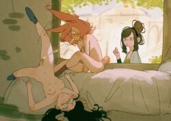 3girls after_fellatio alt_text animal_ears black_hair breasts brown_hair busted commentary cum cum_string day english_commentary erection falling felt_(spindle_(aidenr0)) female futa_on_female futa_with_female futanari hair_bun highres horns indoors interrupted knocking long_hair medium_breasts multiple_girls nanami_(spindle_(aidenr0)) nipples on_bed orange_hair original ottilie_(spindle_(aidenr0)) penis pink_tail rabbit_ears rabbit_girl rabbit_tail sidelocks sitting spindle_(aidenr0) surprised tail turn_pale walk-in window