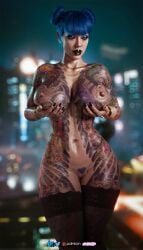 3d big_breasts big_lips big_nipples blue_eyes blue_hair breasts cheri_nowlin cyberpunk_2077 freckles hands_on_breasts heart_shaped_pubes holding_breast nude nude_female pubic_hair tattoo tattoos tattoos_everywhere thigh_highs thighhighs vixen3d yakuza_tattoo
