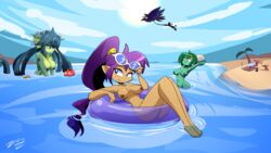 2018 beach blue_eyes bolo breasts brown_nipples eyewear female genie giga_mermaid green_hair green_nipples green_skin humanoid male marine merfolk multiple_girls nipples nude palm_tree pointy_ears purple_hair pussy risky_boots rottytops seaside shantae shantae_(character) sky_(shantae) smooth_skin squid_baron sunglasses sunglasses_on_head tree zedrin