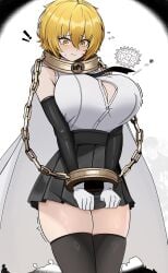 big_breasts bob_cut boob_window breasts button_pop chained chained_collar chained_wrists chains clothed don_quixote_(limbus_company) embarrassed embarrassed_expression embarrassed_female female female_focus female_only huge_breasts index_don_quixote large_breasts limbus_company looking_down m_ayonessa project_moon short_hair simple_background sinner skirt skirt_pull sole_female stockings surprised surprised_expression thighs tremble_spikes yellow_eyes yellow_hair
