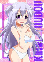 1girls blush bra clavicle female gakusen_toshi_asterisk huge_breasts long_hair looking_at_viewer nervous open_mouth purple_eyes purple_hair solo solo_female tears toudou_kirin twintails underwear white_bra