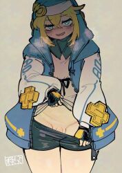 1girl 1girls androgyne_symbol bike_shorts black_shorts blonde_hair blue_gloves blue_hood blue_jacket blush bridget chichibu_(watson) clothes_pull commentary double-parted_bangs female female_focus female_only gloves grey_background guilty_gear guilty_gear_strive hair_between_eyes jacket looking_at_viewer penis penis_peek pulling_own_clothes shorts shorts_pull simple_background standing sweat testicle_peek testicles trans trans_woman transfem transgender_woman transgender_woman_(lore)