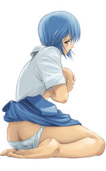 ass barefoot blue_hair clothing feet female kneeling large_breasts mine_(peak) neon_genesis_evangelion panties posing red_eyes rei_ayanami school_uniform short_hair simple_background skirt toes white_background