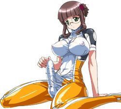 breasts brown_hair bulge erect_nipples futanari glasses green_eyes hair intersex large_breasts latex penis skin_tight stellvia_of_the_universe uniform yayoi_fujisawa