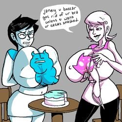 2girls black_hair black_lipstick bra breast_expansion breasts bursting_breasts cake closed_eyes clothing dialogue glasses grey_background homestuck huge_breasts jane_crocker mindwipe ms_paint_adventures nipple_bulge nipples pink_eyes planetofjunk roxy_lalonde short_hair speech_bubble text white_hair white_skin