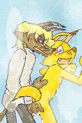 2boys ahe_gao anal anal_fingering anthro blush brown_fur canine clothed clothing duo fox from_behind furry gaon gay kaiketsu_zorori male male_only nude orange_fur sex simple_background tail tail_aside yellow_fur zorori