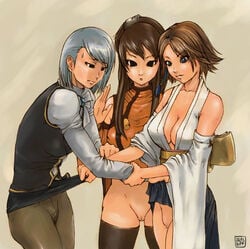 3girls artist_request bottomless censored crossover final_fantasy final_fantasy_x guilty_gear gyakuten_saiban karuma_mei kuradoberi_jam pubic_hair tagme yuna