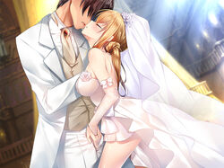 1boy 1girls artist_request blonde_hair breasts bridal_gauntlets bride brown_hair character_request clothed couple eyes_closed female groom groping groping_bulge human large_breasts male romantic suit tagme taimanin_asagi_battle_arena veil wedding_dress