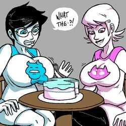 2girls big_breasts black_hair black_lipstick blue_eyes breast_expansion breasts cake clothing dialogue fork glasses grey_background hair homestuck jane_crocker mindwipe ms_paint_adventures open_mouth pink_eyes planetofjunk roxy_lalonde shocked short_hair speech_bubble text white_hair