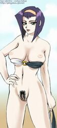 1girls bikini breasts cowboy_bebop curvy faye_valentine female hairband human large_breasts looking_at_viewer nipples pale-skinned_female pale_skin pingzeus pubic_hair purple_hair pussy short_hair solo tagme wide_hips