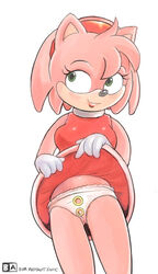 amy_rose anthro battle_angel dress_lift female female_only fur furry furry_only green_eyes headband hedgehog panties presenting sega short_hair simple_background solo sonic_(series) standing straight_hair white_background