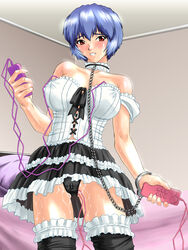 blush bondage choker clothed_masturbation clothing collar discreet_vibrator handcuffs large_breasts maachin maaran masturbation neon_genesis_evangelion nipple_vibrator panties rei_ayanami sex_toy skirt stockings vibrator vibrator_under_clothes