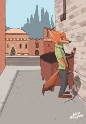 alley animal_genitalia anthro bodily_fluids canid canine city disney dumpster flaccid food fox genital_fluids genitals hi_res male mammal nick_wilde pawpsicle peeing penis popsicle puddle sahara_square sheath skyline solo urine urine_stream wild_strokes zootopia