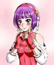 1girls athena_asamiya blush cheek_bulge dress female finger_play gloves hair_ornament hand_gesture hands_on_head king_of_fighters light-skinned_female light_skin long_sleeves looking_at_viewer pale-skinned_female pale_skin pov purple_eyes purple_hair short_hair smile smiling_at_viewer star tight_clothing