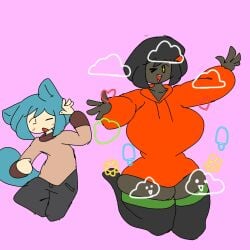 34hengker aged_up big_breasts breasts cartoon_network cleavage clothed clothing dark-skinned_female dark_skin darwin_watterson gumball_watterson h.a.r hips leggings legs legwear light-skinned_male light_skin rule_63 tail the_amazing_world_of_gumball wide_hips