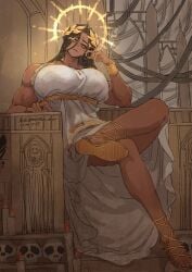 artist_request big_ass big_breasts black_hair god-emperor_of_mankind gown huge_breasts long_hair rule_63 sitting_on_chair tanned tanned_female tanned_skin throne warhammer_(franchise) warhammer_40k yuusha_bear_(twitter)