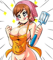 apron black_eyes blush breasts brown_hair cooking_mama fists holding_object lewdamone mama_(cooking_mama) milf mob_face nipple_slip smile sparkles spatula star_shaped_pupils tongue_out white_background